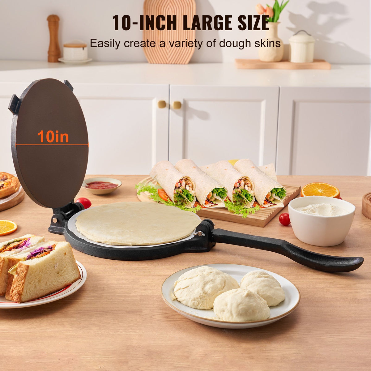 Tortilla Press, 10 Inch Tortilla And Roti Maker, Cast Iron Heavy Duty Tortilladora Press, Pre-Seasoned Pataconera Maker With 100 Pcs Parchment Paper, Dough Maker For Flour Tortilla, Tawa, Silver