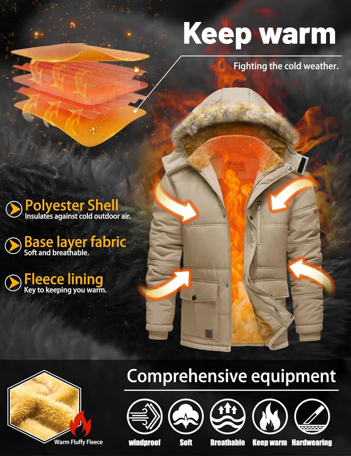 Men'S Winter Jacket with Hood Water Repellent Windproof Thicken Parka Winter Coat