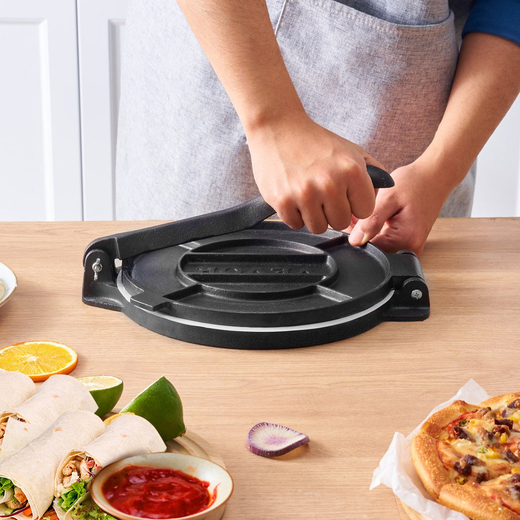 Tortilla Press, 10 Inch Tortilla And Roti Maker, Cast Iron Heavy Duty Tortilladora Press, Pre-Seasoned Pataconera Maker With 100 Pcs Parchment Paper, Dough Maker For Flour Tortilla, Tawa, Silver
