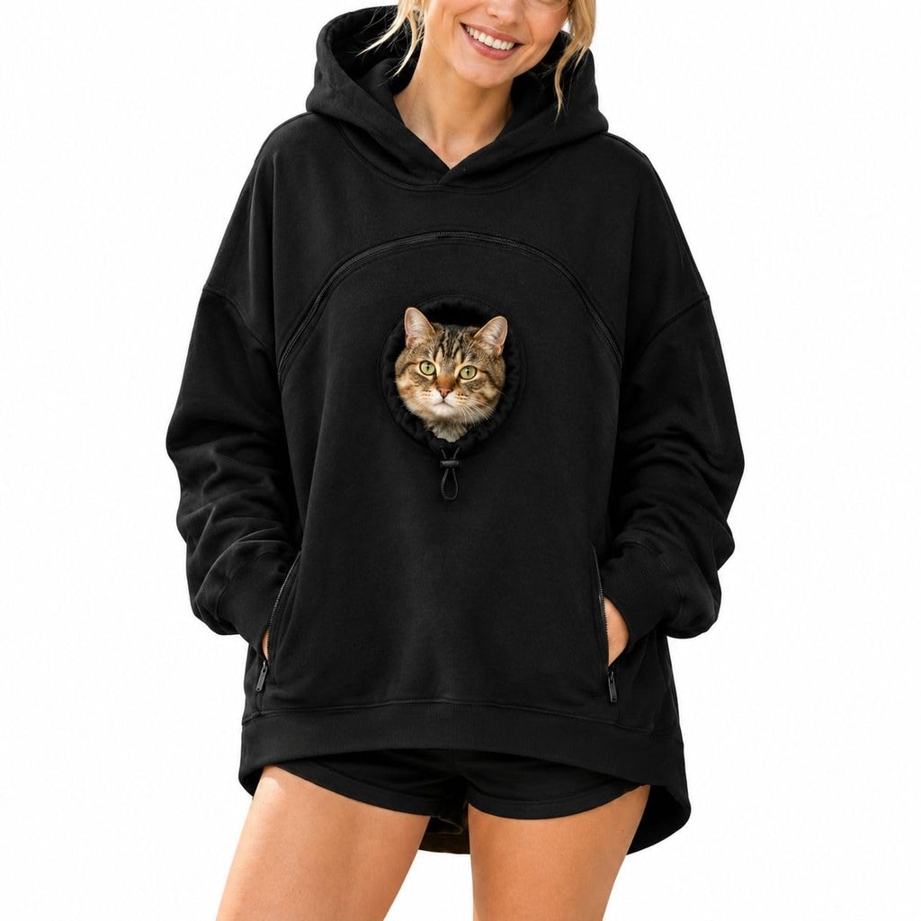 Pet Pouch Hoodie with Zippered Chest Carrier Pocket Unisex Relaxed Fit, Side Sleeve Pocket, Kangaroo Hand Pocket, Soft & Breathable Fabric, (Black, XL)