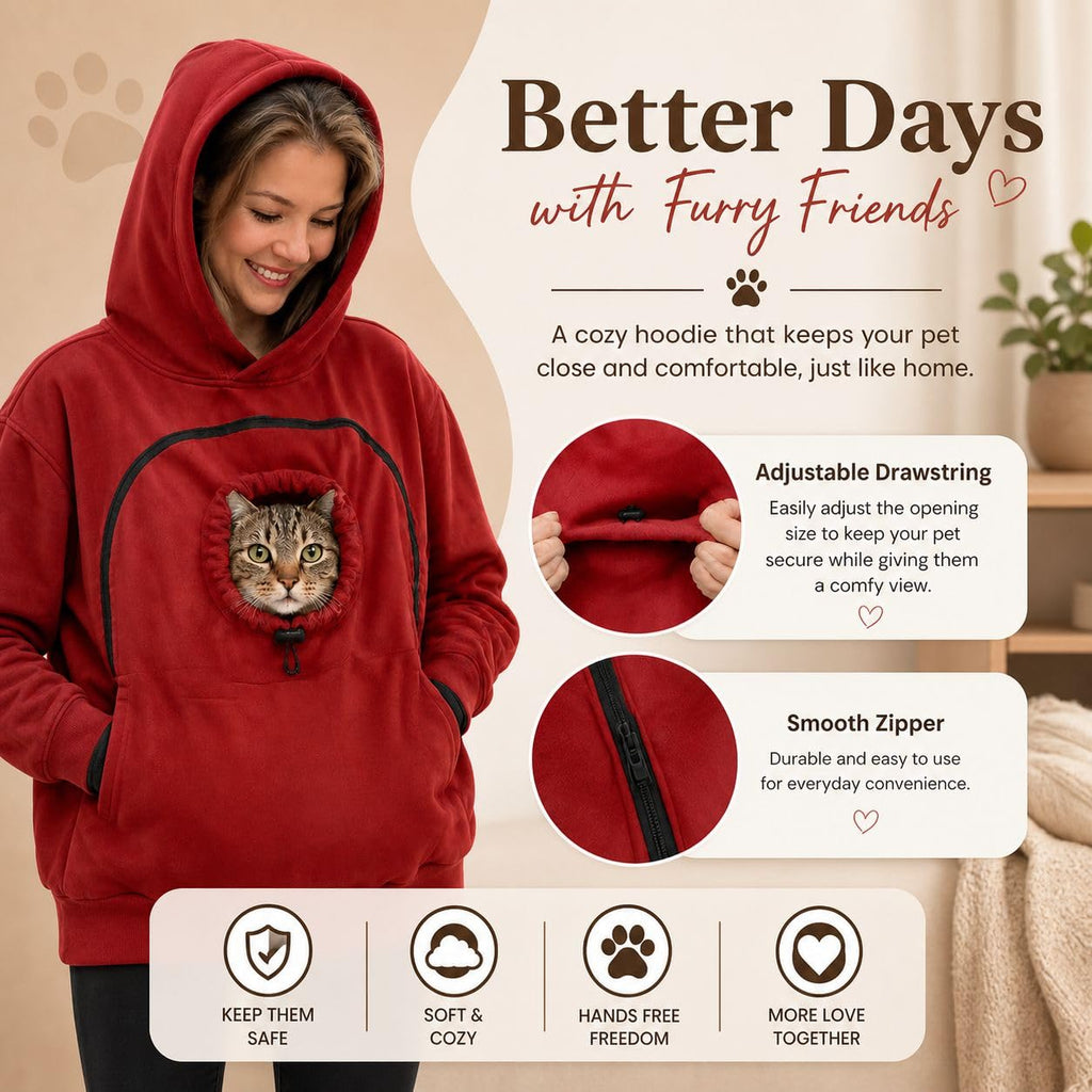 Pet Pouch Hoodie with Zippered Chest Carrier Pocket Unisex Relaxed Fit, Side Sleeve Pocket, Kangaroo Hand Pocket, Soft & Breathable Fabric, (Black, XL)