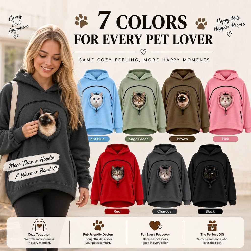 Pet Pouch Hoodie with Zippered Chest Carrier Pocket Unisex Relaxed Fit, Side Sleeve Pocket, Kangaroo Hand Pocket, Soft & Breathable Fabric, (Black, XL)