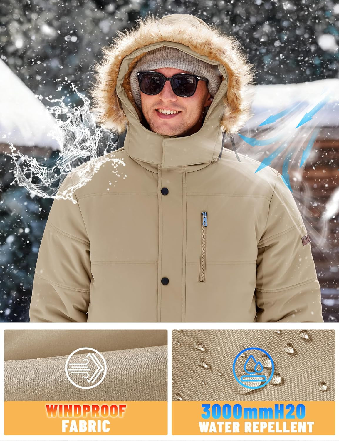 Men'S Winter Jacket with Hood Water Repellent Windproof Thicken Parka Winter Coat