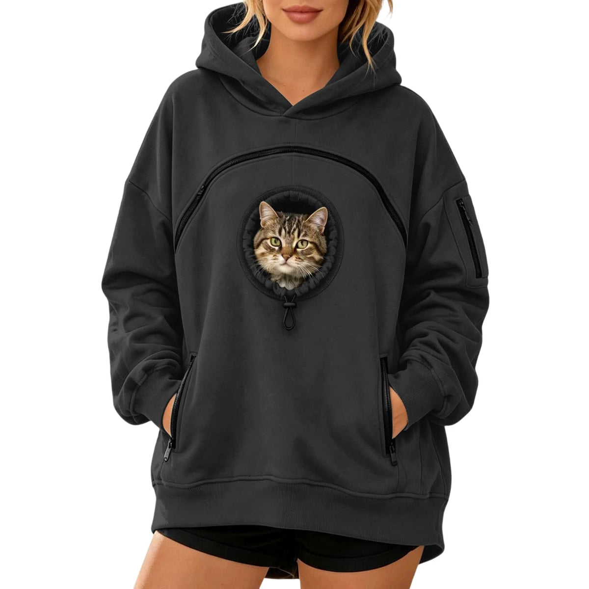 Pet Pouch Hoodie with Zippered Chest Carrier Pocket Unisex Relaxed Fit, Side Sleeve Pocket, Kangaroo Hand Pocket, Soft & Breathable Fabric, (Black, XL)
