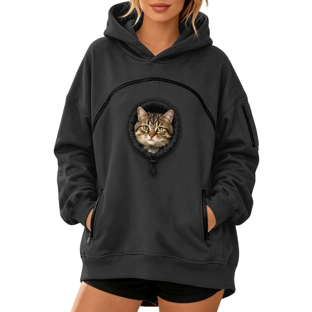Pet Pouch Hoodie with Zippered Chest Carrier Pocket Unisex Relaxed Fit, Side Sleeve Pocket, Kangaroo Hand Pocket, Soft & Breathable Fabric, (Black, XL)