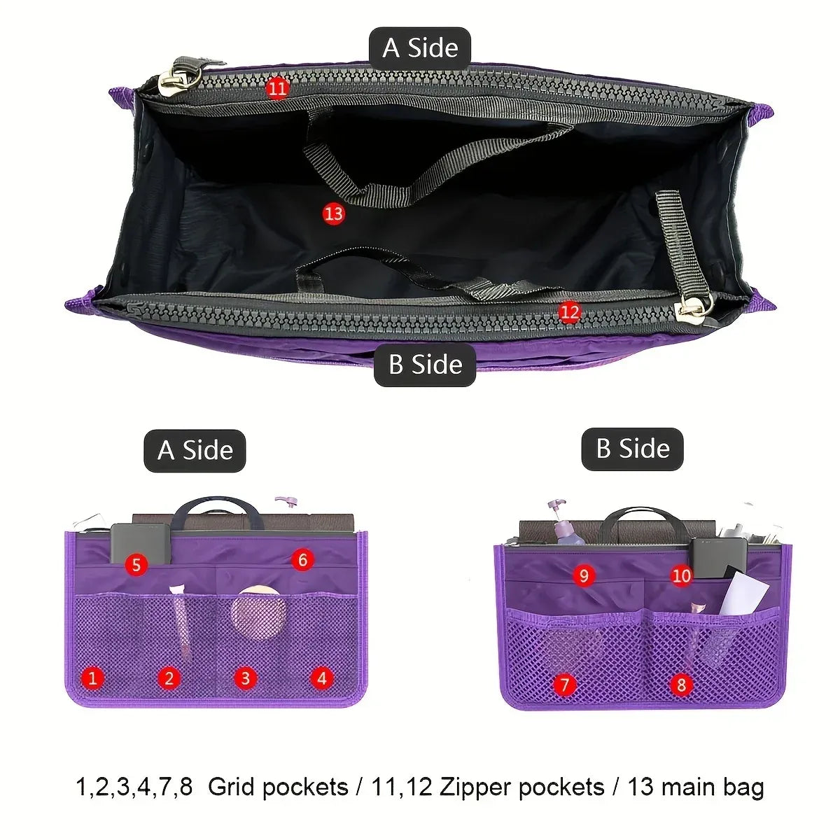Double-Zipper Handbag Organizer Insert