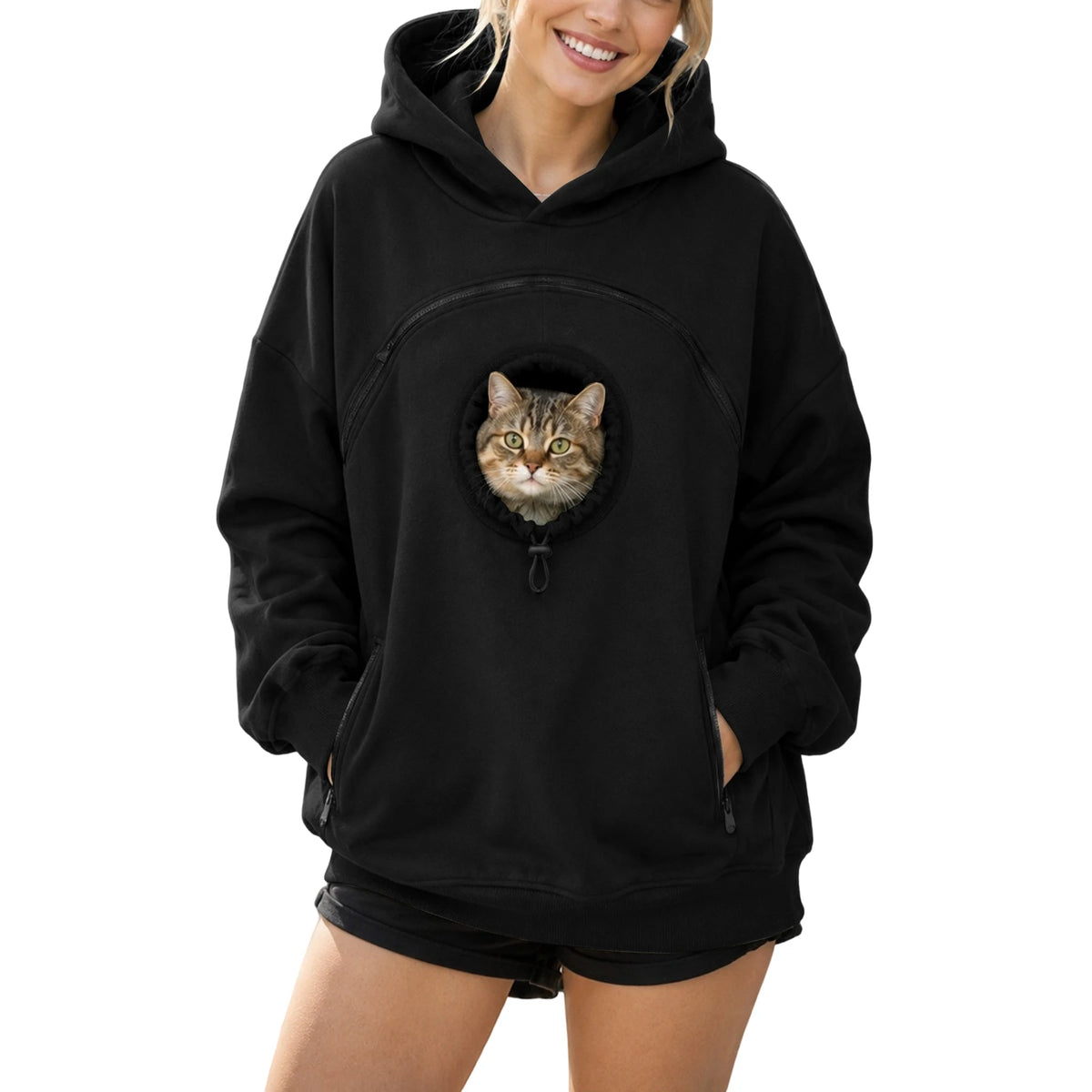 Pet Pouch Hoodie with Zippered Chest Carrier Pocket Unisex Relaxed Fit, Side Sleeve Pocket, Kangaroo Hand Pocket, Soft & Breathable Fabric, (Black, XL)