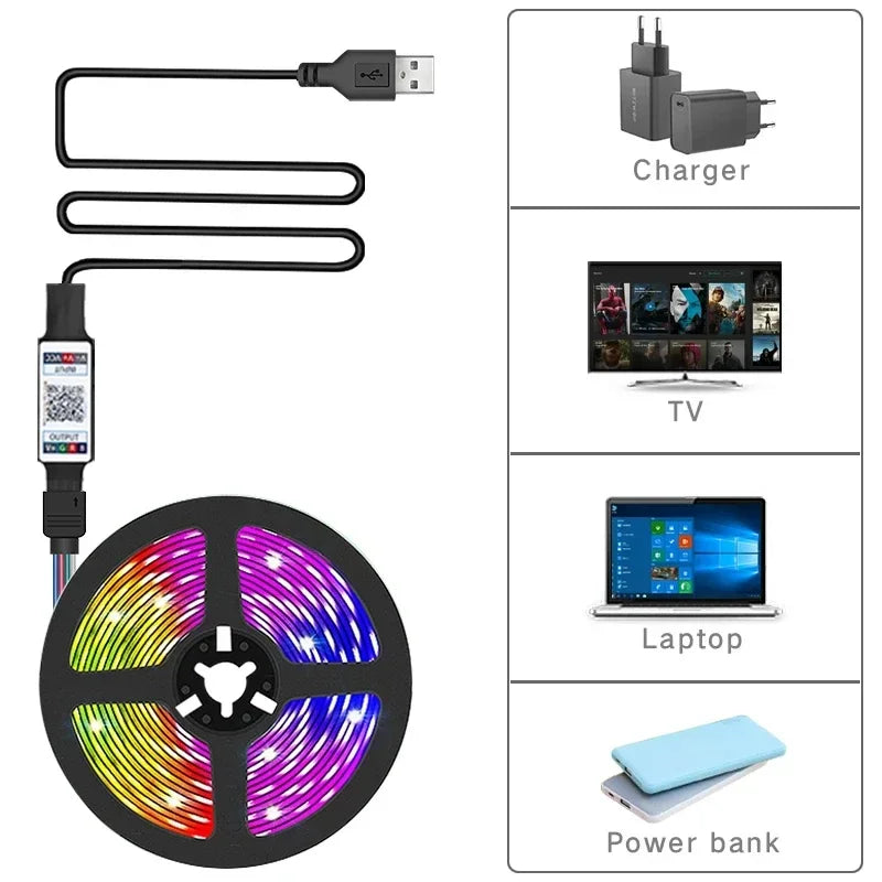 Smart RGB 5050 LED Wall Strip Lights Bluetooth Music Sync APP Remote Flexible Ribbon for TV Backlight Bedroom Home Party Decor