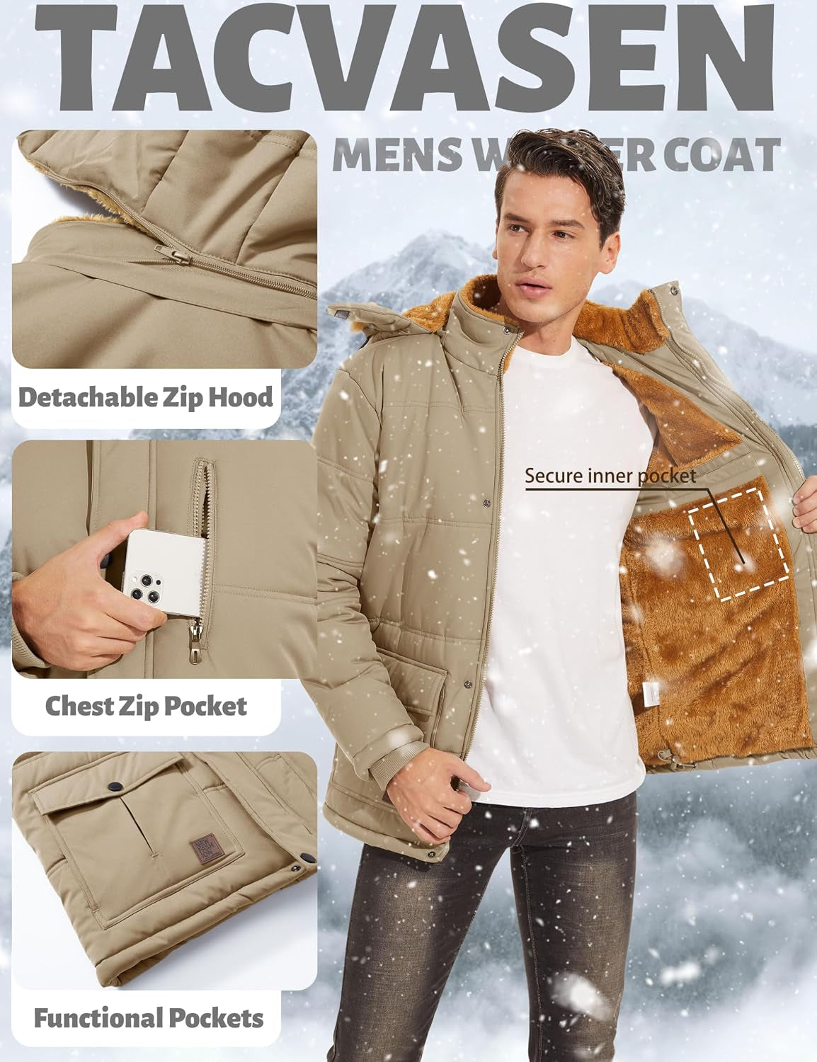 Men'S Winter Jacket with Hood Water Repellent Windproof Thicken Parka Winter Coat